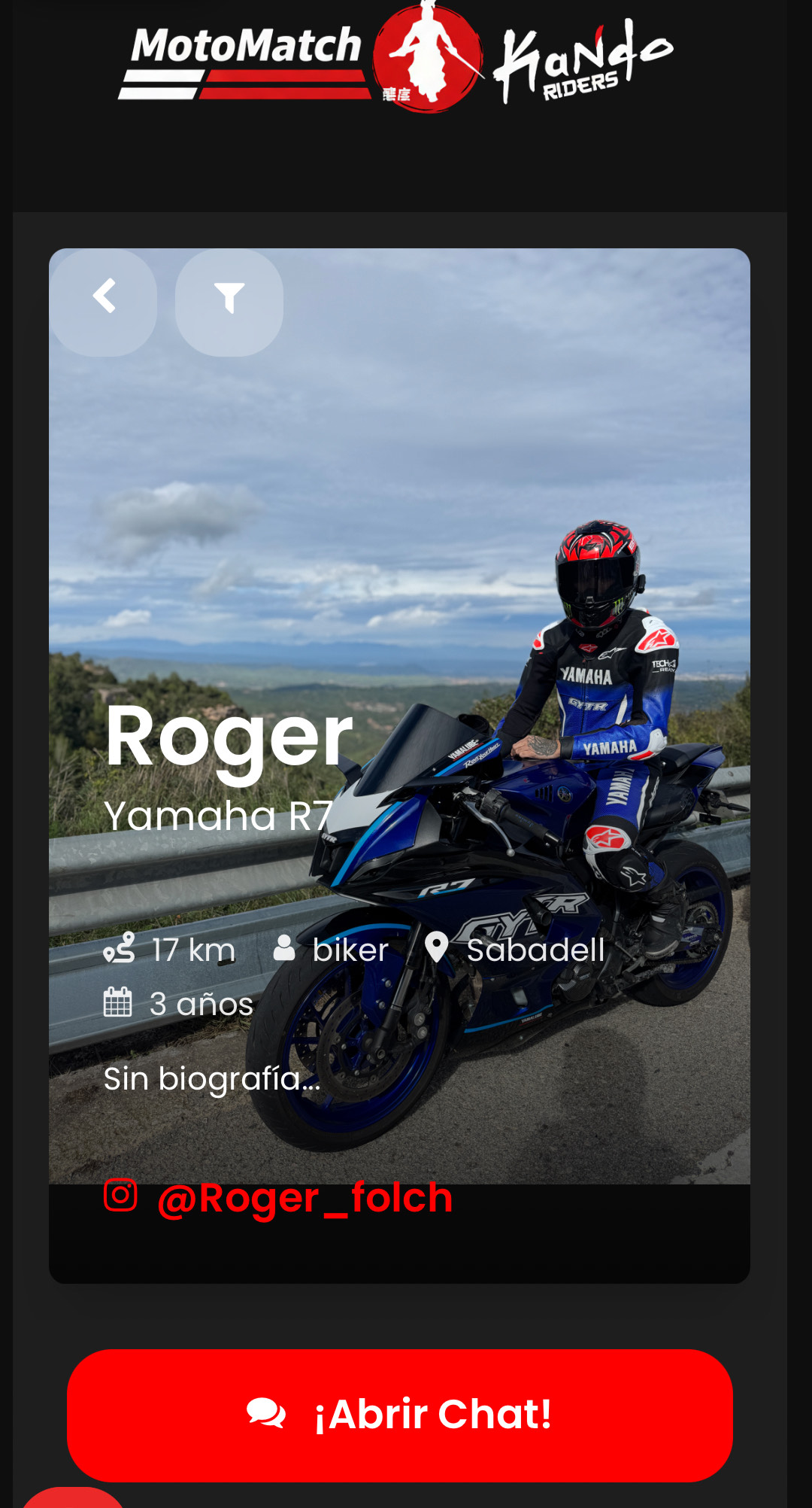 Perfil de usuario en MotoMatch de Kando App para conectar con otros moteros