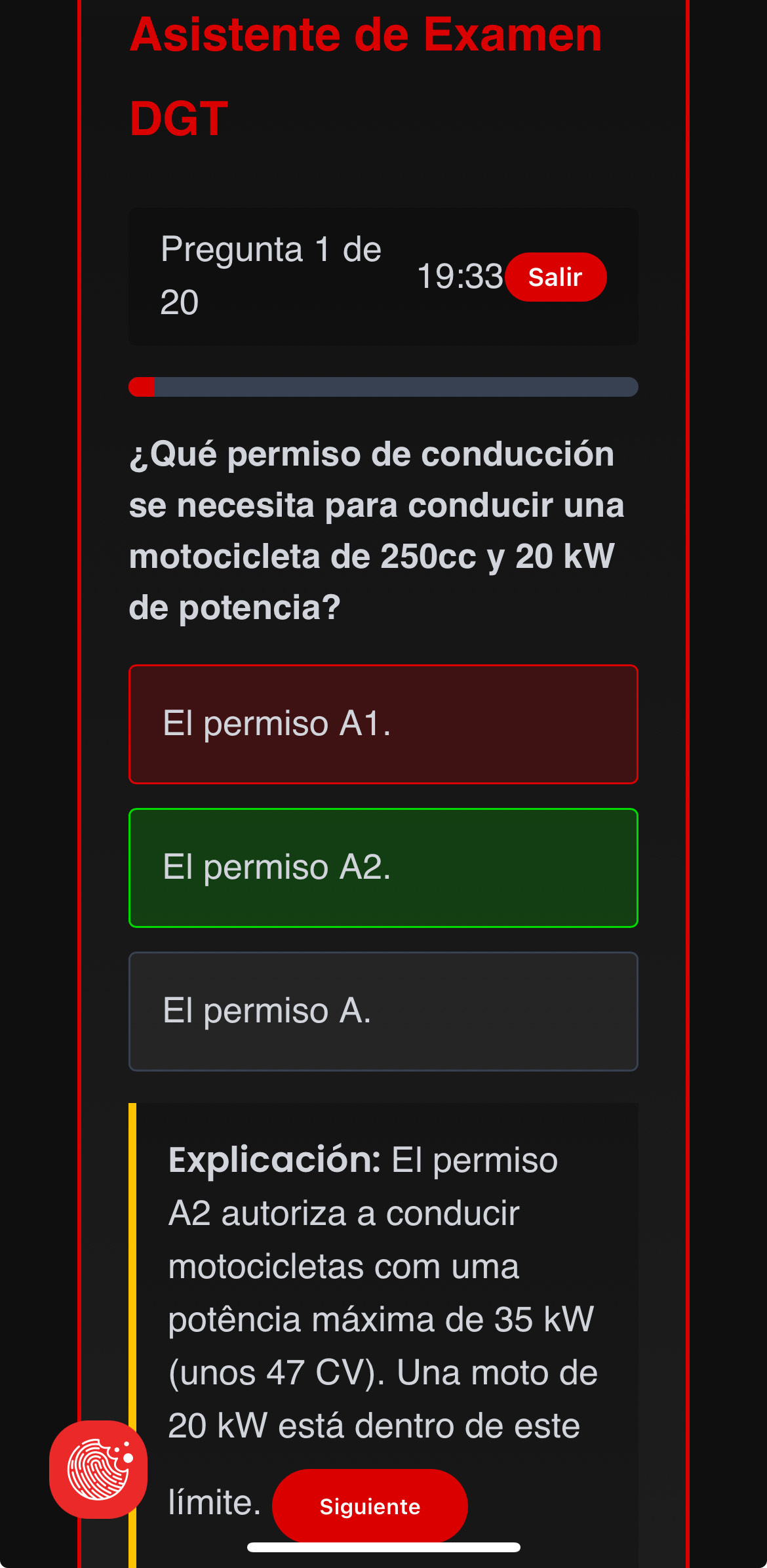 Asistente de Examen DGT en Kando App con preguntas y respuestas