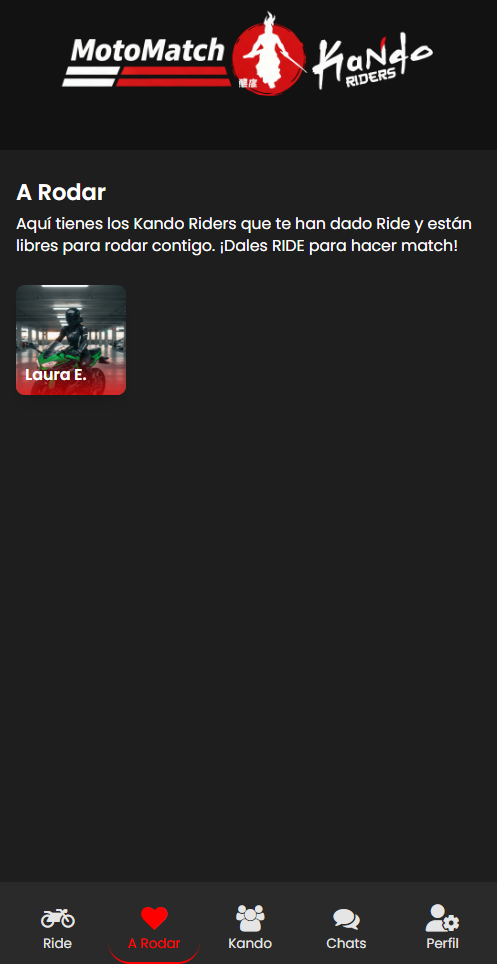 Vista de Rides y Rutas Recibidas en MotoMatch Kando