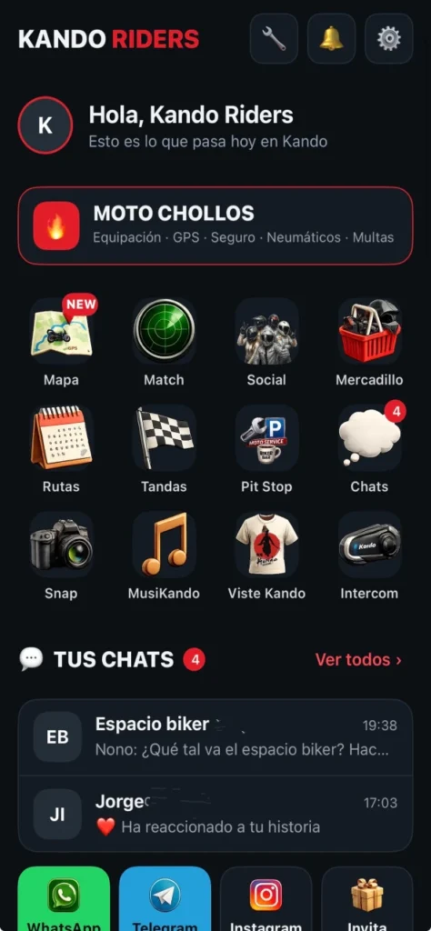 Inicio de la app para motos Kando Riders: mapa, Match, Social, mercadillo, rutas, tandas, Pit Stop, chats, Snap, MusiKando e intercom