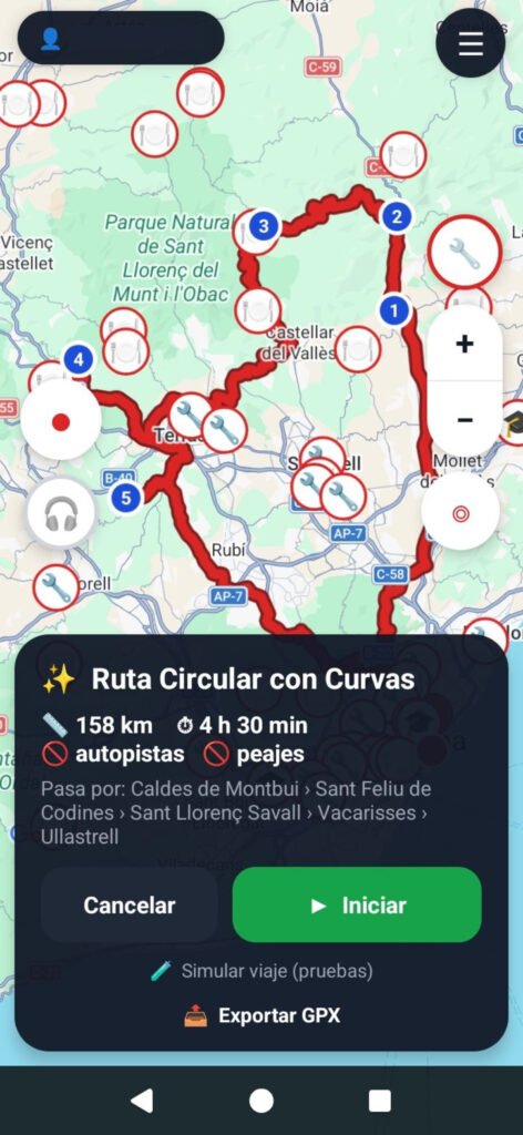 Ruta en moto circular con curvas creada con IA en el GPS para moto Kando Riders: 158 km sin autopistas ni peajes