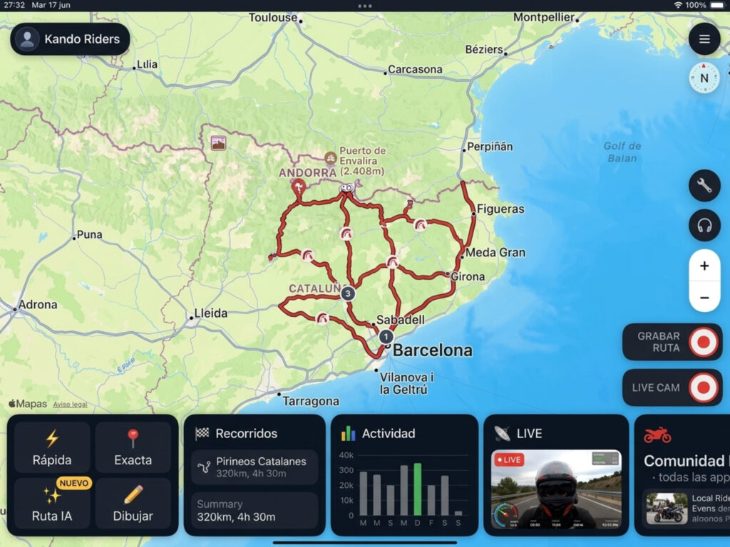 GPS para moto Kando Riders en tablet: rutas rápida, exacta, con IA y dibujada, recorridos, actividad, LIVE y comunidad