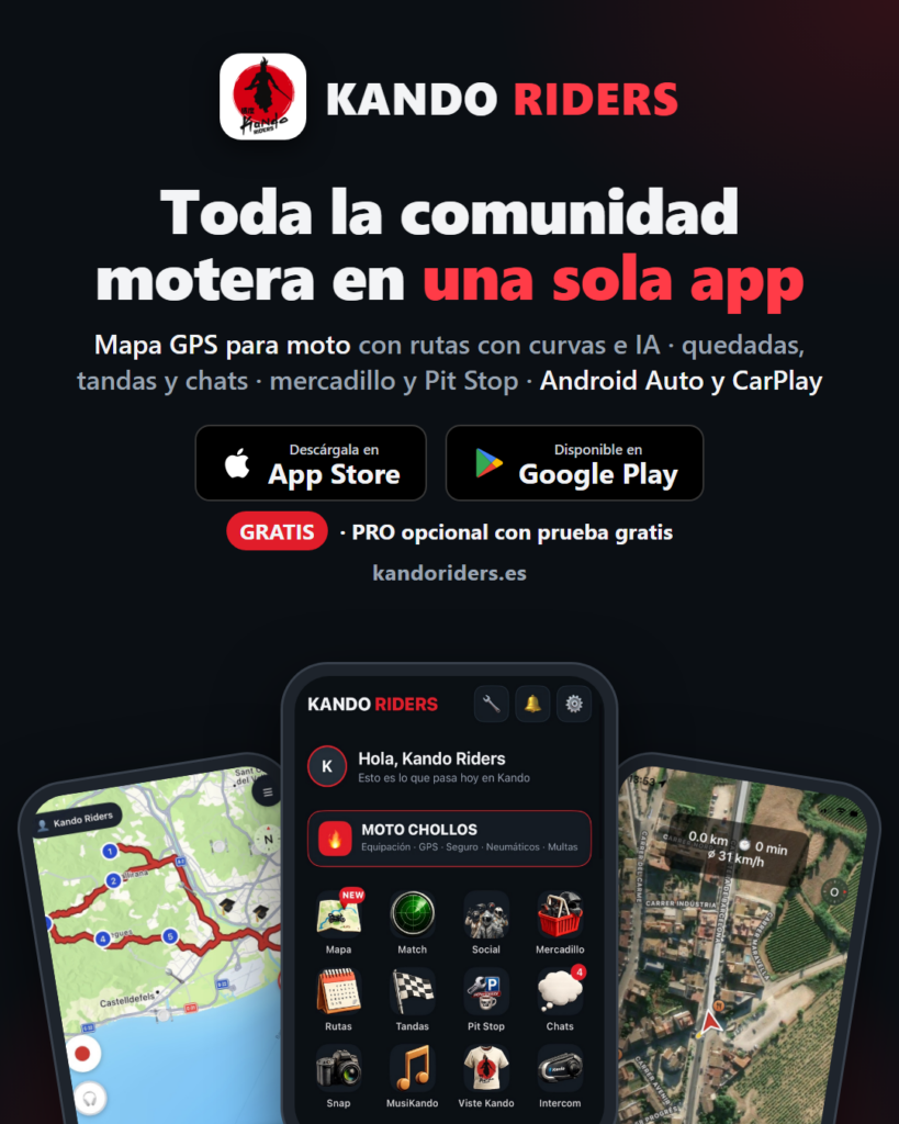 Kando Riders, la mejor app para motos: mapa GPS para moto con rutas con curvas e IA, quedadas, tandas, chats, mercadillo, Pit Stop, Android Auto y CarPlay