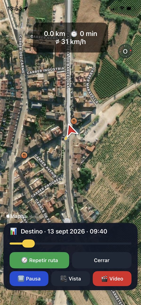 Replay de una ruta en moto con velocidad e inclinación en la app Kando Riders